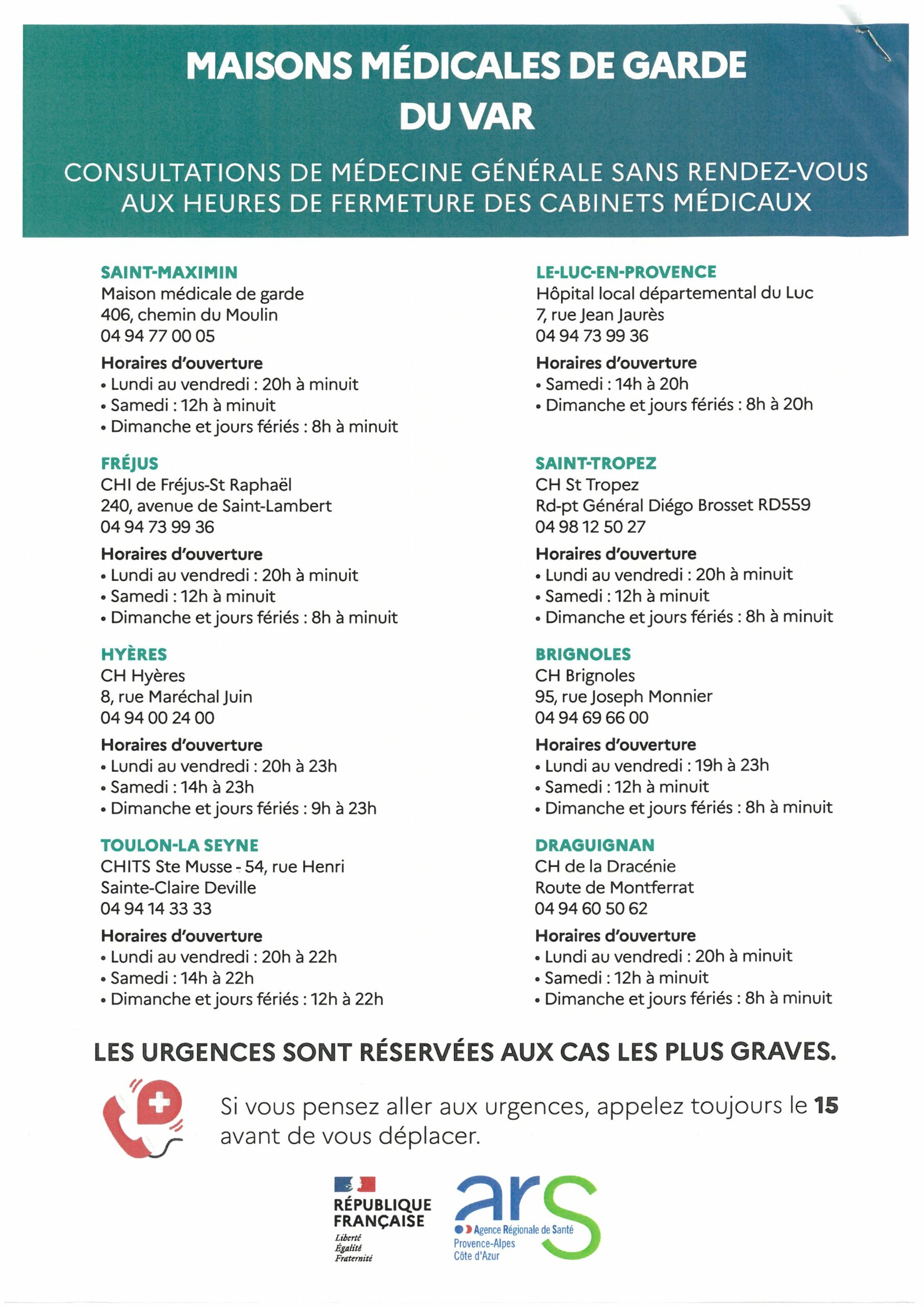 Liste des maisons médicales du Var. Pour Draguignan : 04 94 60 50 62 (hôpital, route de Montferrat)