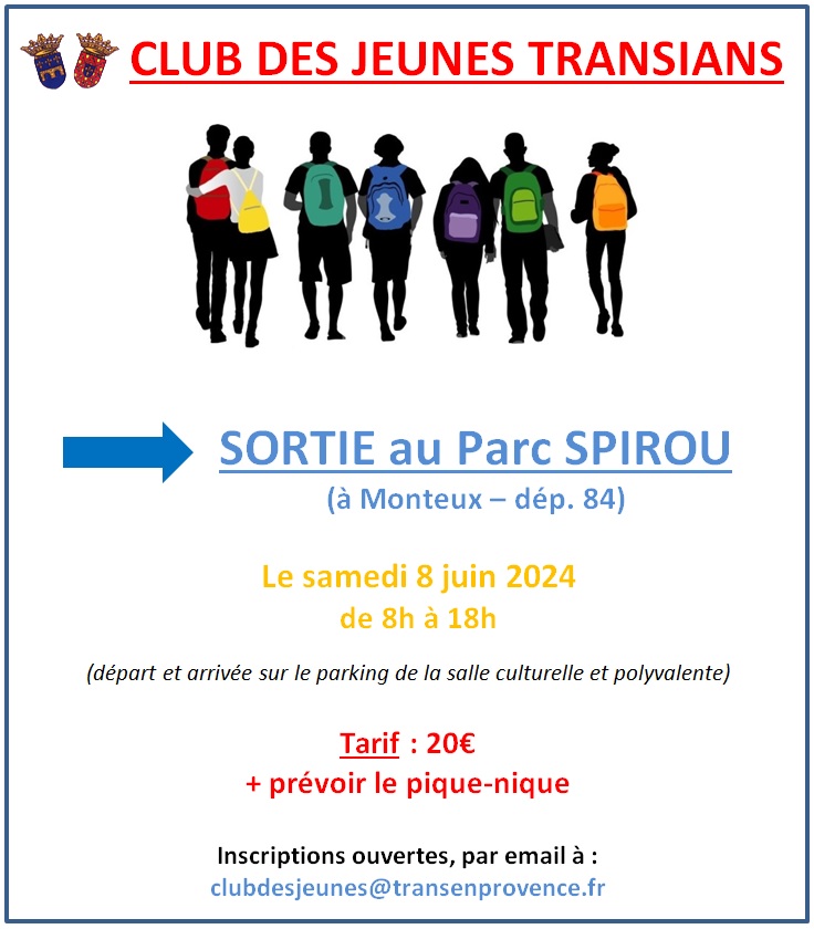 Club des jeunes transians. Sortie au Parc Spirou, le samedi 8 juin, de 8h à 18h. Tarif : 20€ (prévoir pique-nique). Inscriptions ouvertes à clubdesjeunes@transenprovence.fr