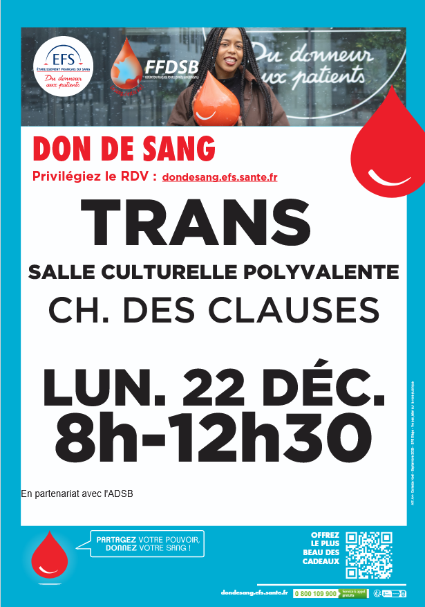 Collecte de sang. Le lundi 22 décembre de 8h à 12h30 à la salle polyvalente. inscription sur ce lien : https://efs.link/mVcjd