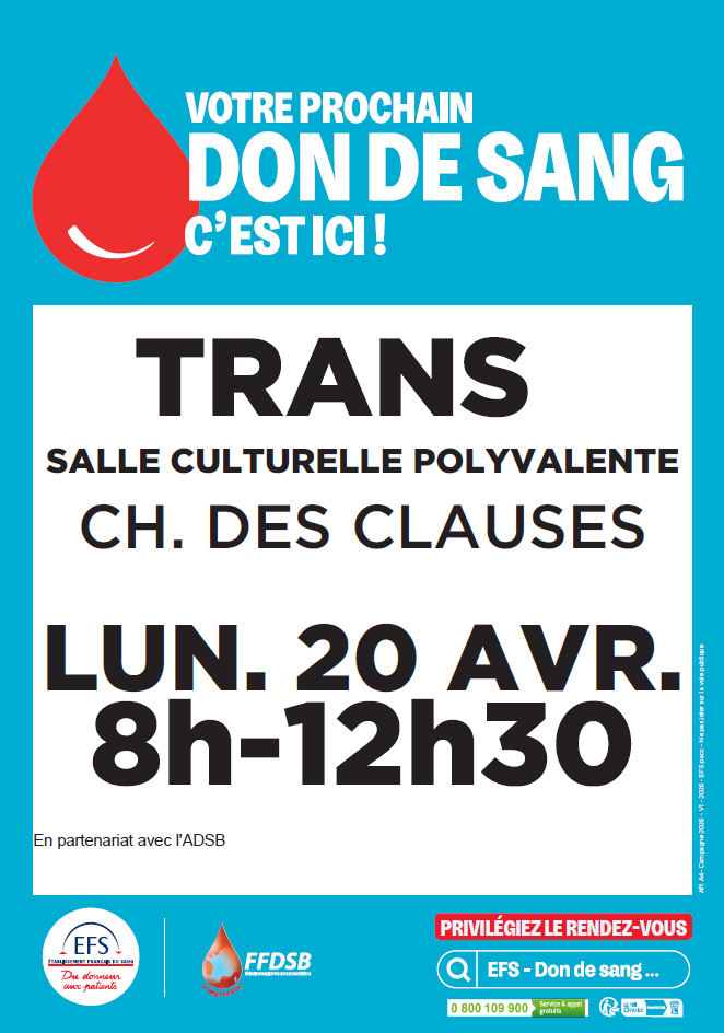 Collecte de sang le 20 avril. De 8h à 12h30, salle polyvalente. Inscription sur https://efs.link/Hrh8K