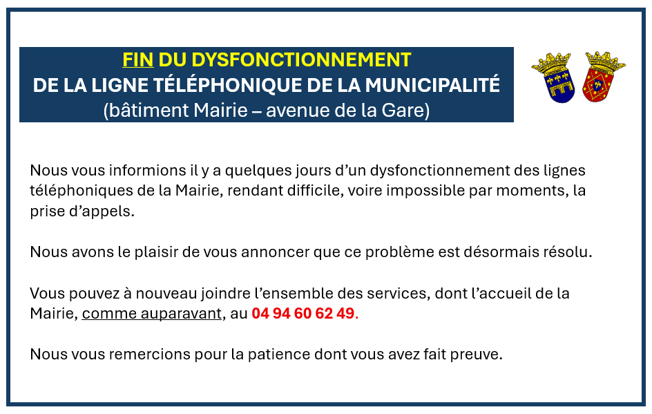 FIN DU DYSFONCTIONNEMENT DE LA LIGNE TÉLÉPHONIQUE DE LA MUNICIPALITÉ (bâtiment Mairie – avenue de la Gare). Nous vous informions il y a quelques jours d’un dysfonctionnement des lignes téléphoniques de la Mairie, rendant difficile, voire impossible par moments, la prise d’appels. Nous avons le plaisir de vous annoncer que ce problème est désormais résolu. Vous pouvez à nouveau joindre l’ensemble des services, dont l’accueil de la Mairie, comme auparavant, au 04 94 60 62 49. Nous vous remercions pour la patience dont vous avez fait preuve.
