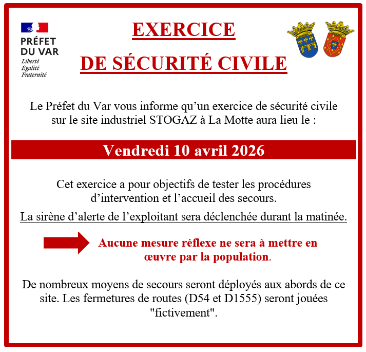 Exercice de sécurité civile. Le Préfet du Var vous informe qu’un exercice de sécurité civile sur le site industriel STOGAZ à La Motte aura lieu le vendredi 10 avril 2026. Cet exercice a pour objectifs de tester les procédures d’intervention et l’accueil des secours. La sirène d’alerte de l’exploitant sera déclenchée durant la matinée. Aucune mesure réflexe ne sera à mettre en œuvre par la population. De nombreux moyens de secours seront déployés aux abords de ce site. Les fermetures de routes (D54 et D1555) seront jouées "fictivement".