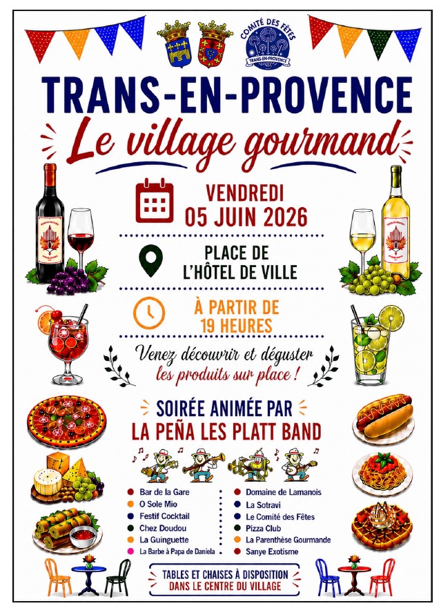 Village gourmand. Vendredi 5 juin, place de l'Hôtel de Ville, à partir de 19h. Animé par la pena les Platt band.