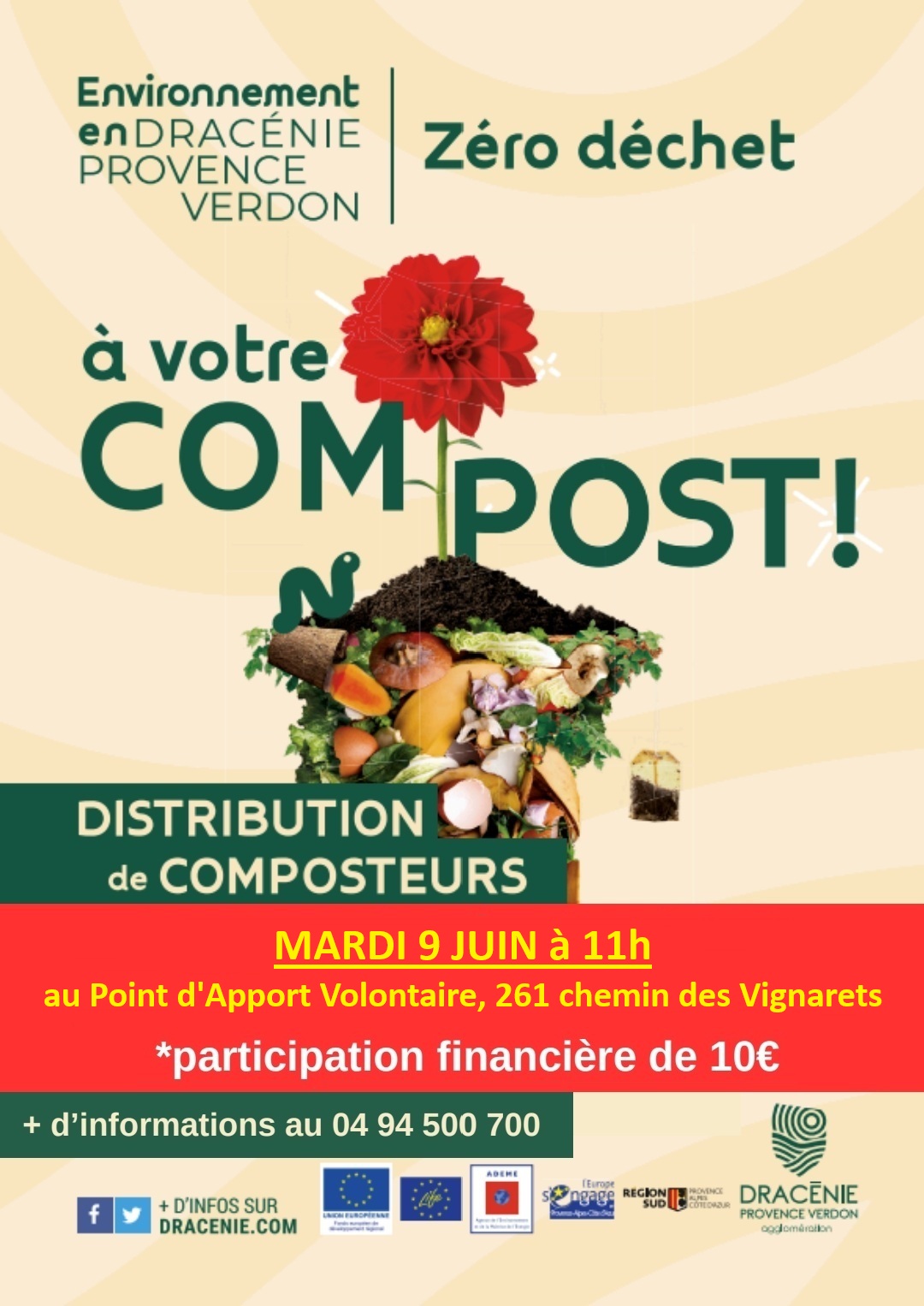 Distribution de composteurs. Mardi 9 juin à 11h, au PAV 261 chemin des vignarets. Prévoir 10€.