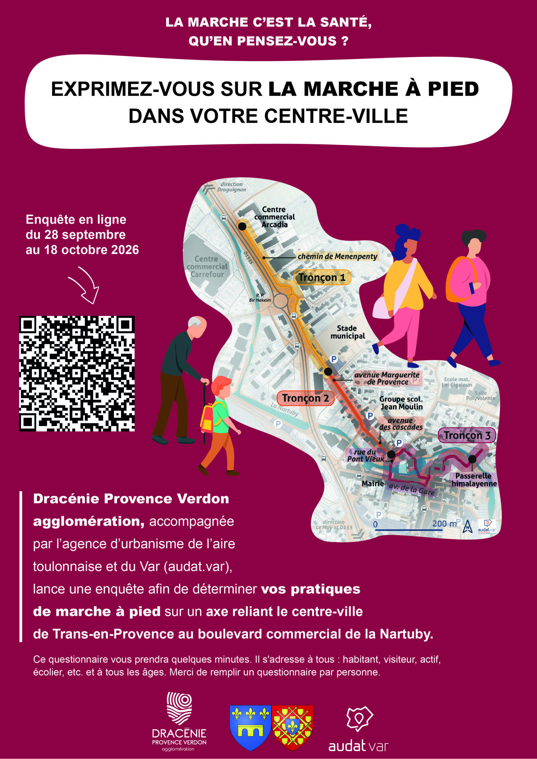 Enquête du 28/09 au 18/10. Exprimez-vous sur la marche à pied dans votre centre-ville. Scannez le QR code pour accéder à l'enquête.