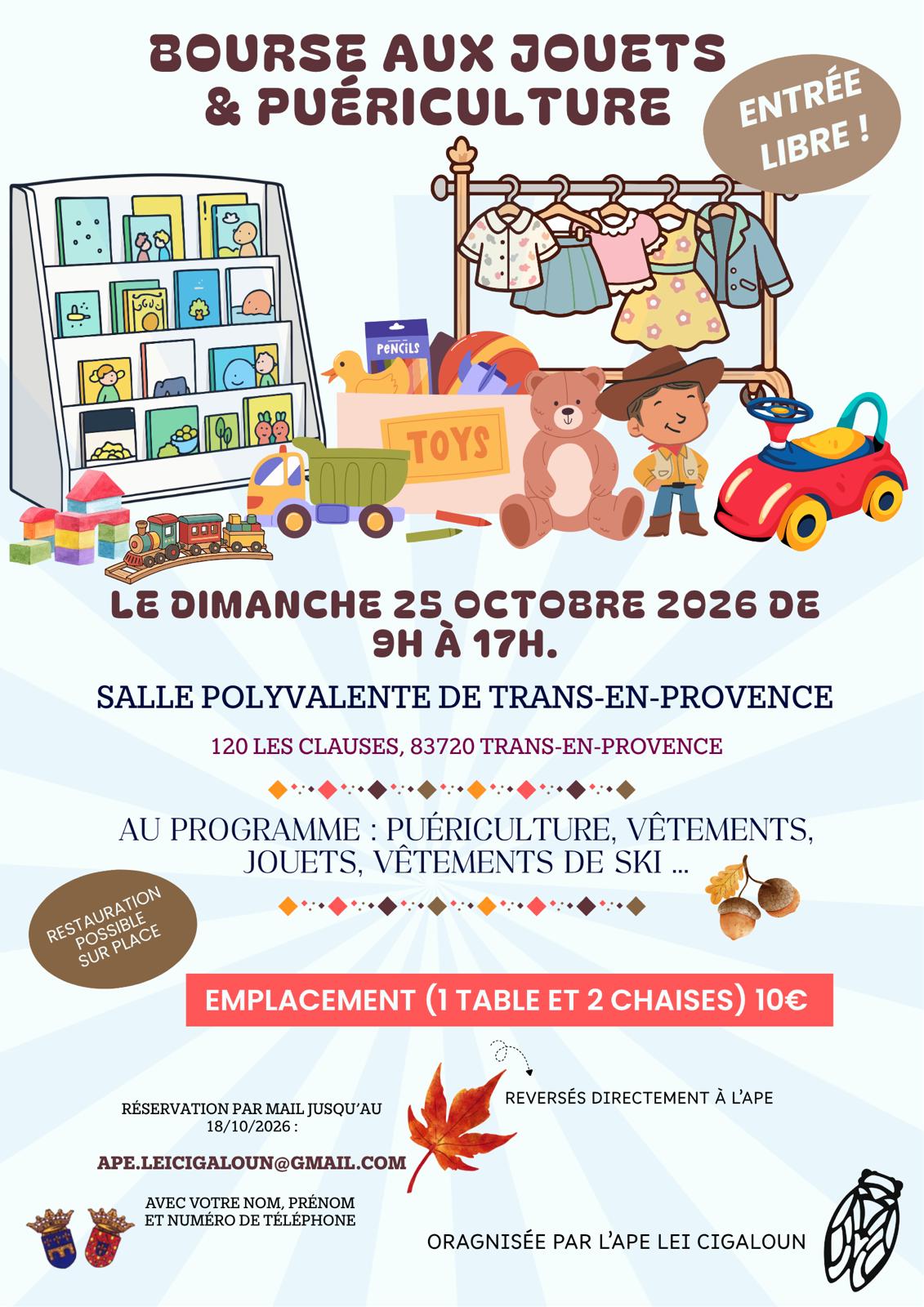 Bourse puériculture. Par l'APE Lei Cigaloun. le 25 octobre, de 9h à 17h, salle polyvalente. Inscription par email avant le 18 octobre à ape.leicigaloun@gmail.com