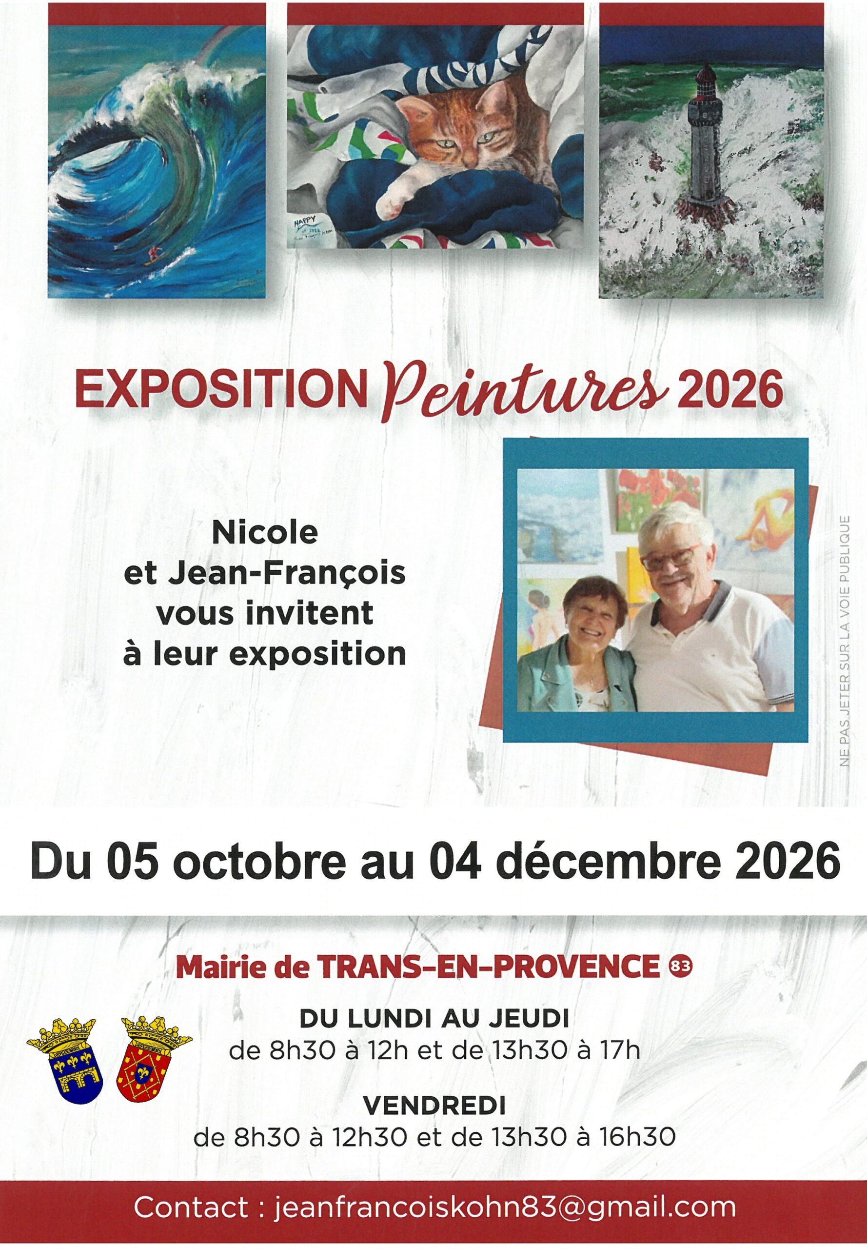 Exposition de peintures M. et Mme Kohn. Du 5 au 4 décembre, à l'accueil de la Mairie, aux horaires d'ouverture.