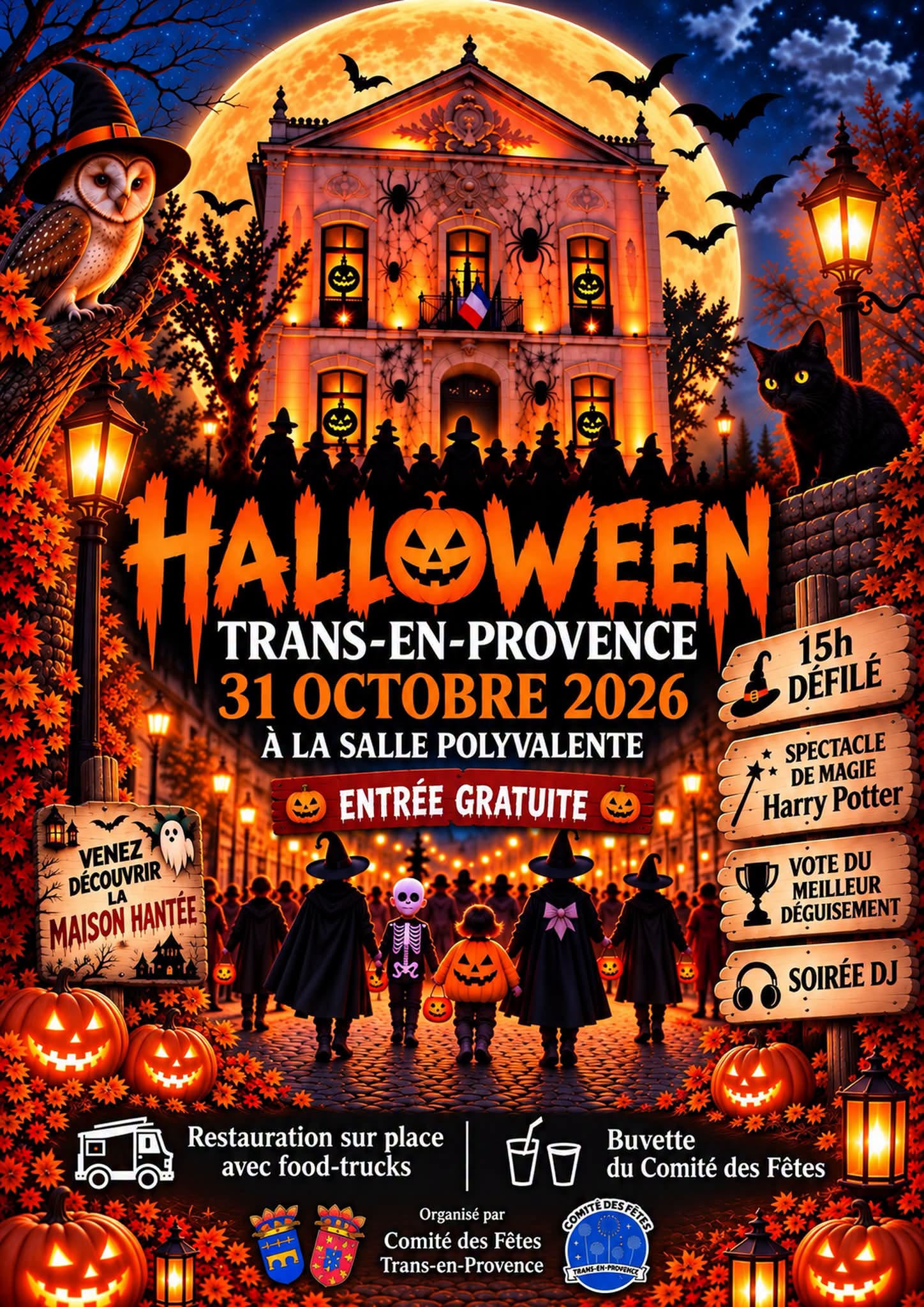 Halloween. Par le comité des fêtes, le samedi 31 octobre. Défilé à 15h, spectacle de magie, découverte de la maison hantée, soirée dj. Food-truck sur place et buvette.
