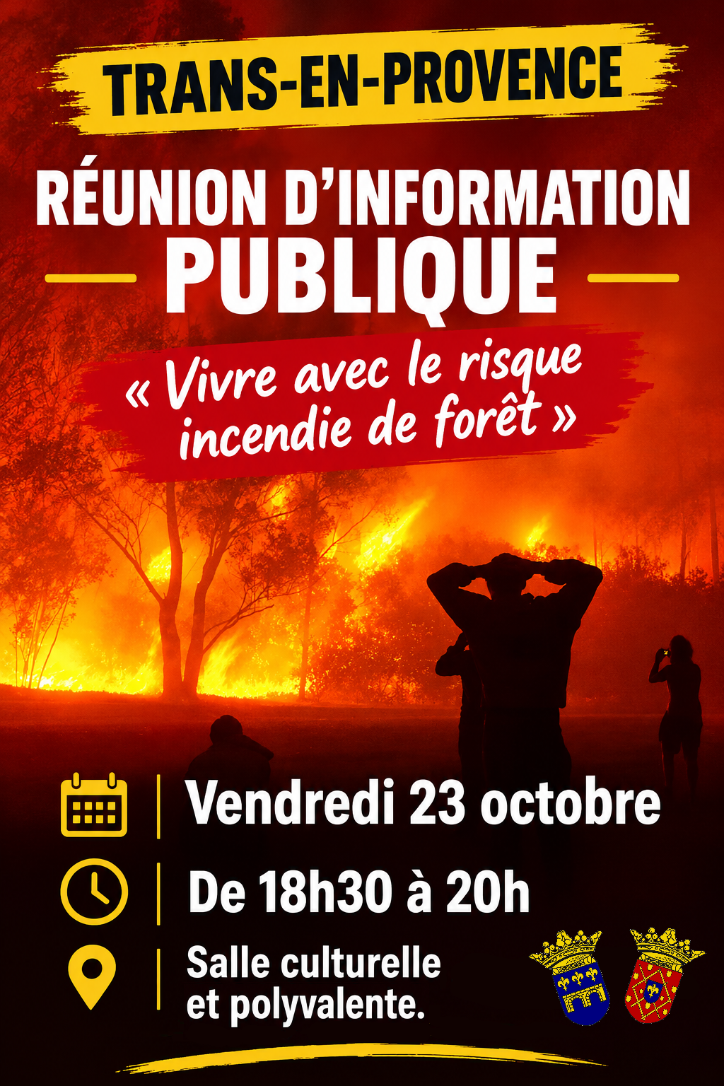 Réunion d'information publique. "Vivre avec le risque incendie de forêt". Vendredi 23 octobre de 18h30 à 20h, salle culturelle et polyvalente.