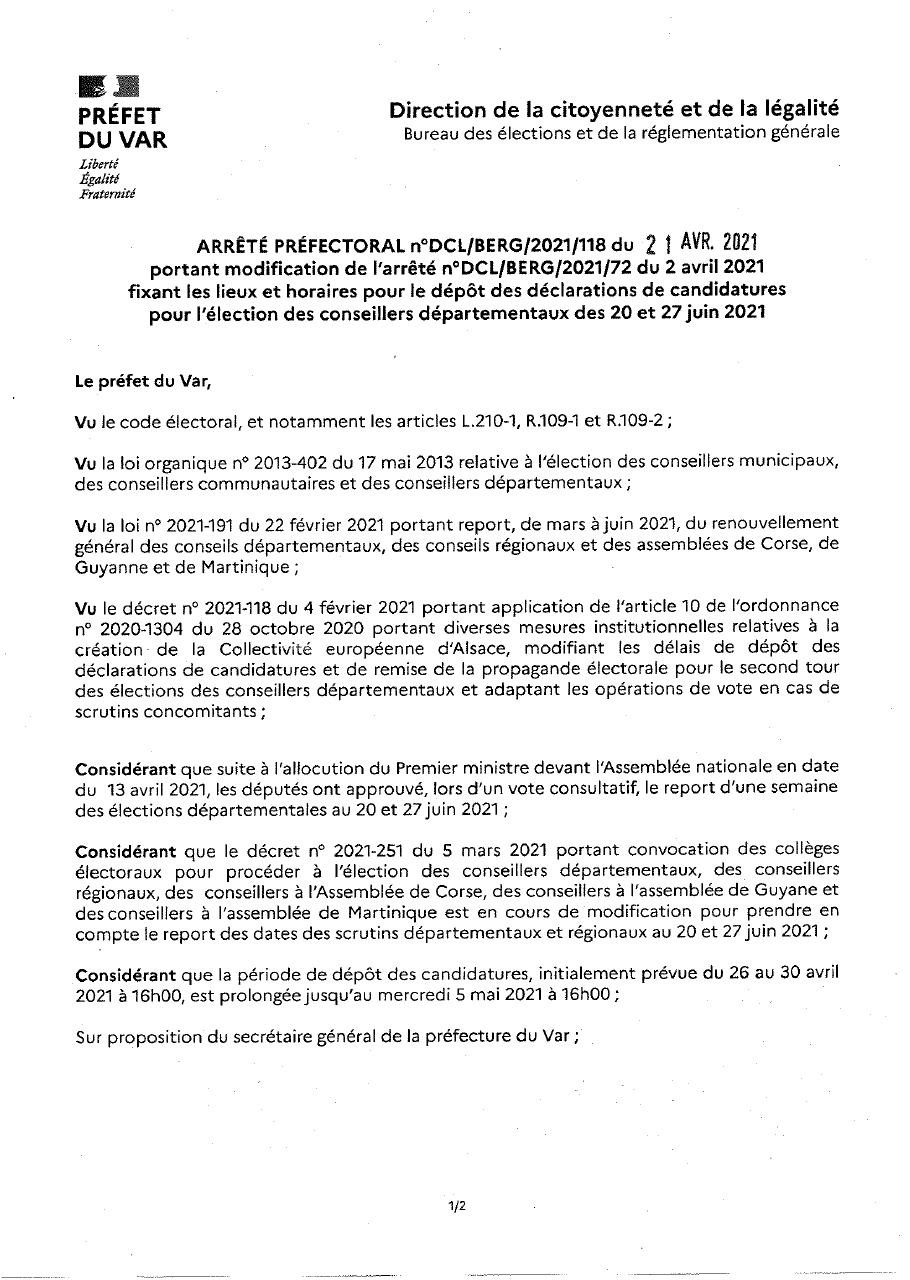Modification de l'arrêté concernant les dépôts de candidature des conseillers départementaux - feuille 1 Modification de l'arrêté concernant les dépôts de candidature des conseillers départementaux - feuille 1