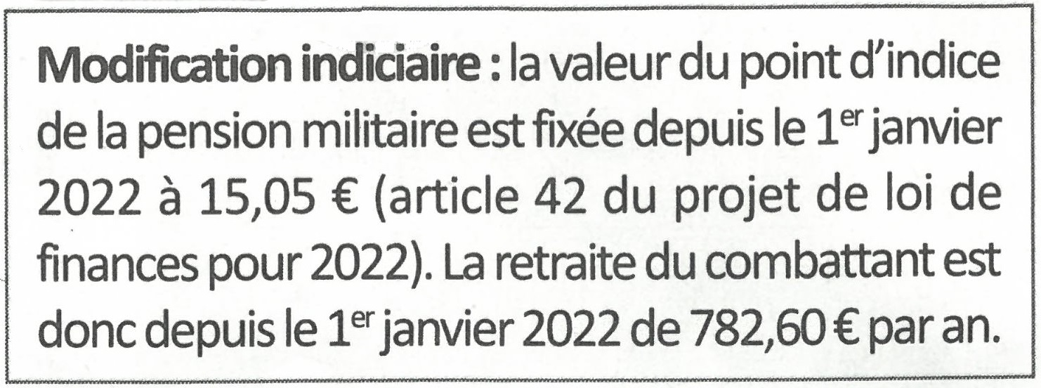 Modification indiciaire : la valeur du point d'indice de la pension militaire est fixée à 15,05€ depuis le 1er janvier 2022. La retraite du combattant s'élève donc à 782,60 € par an.