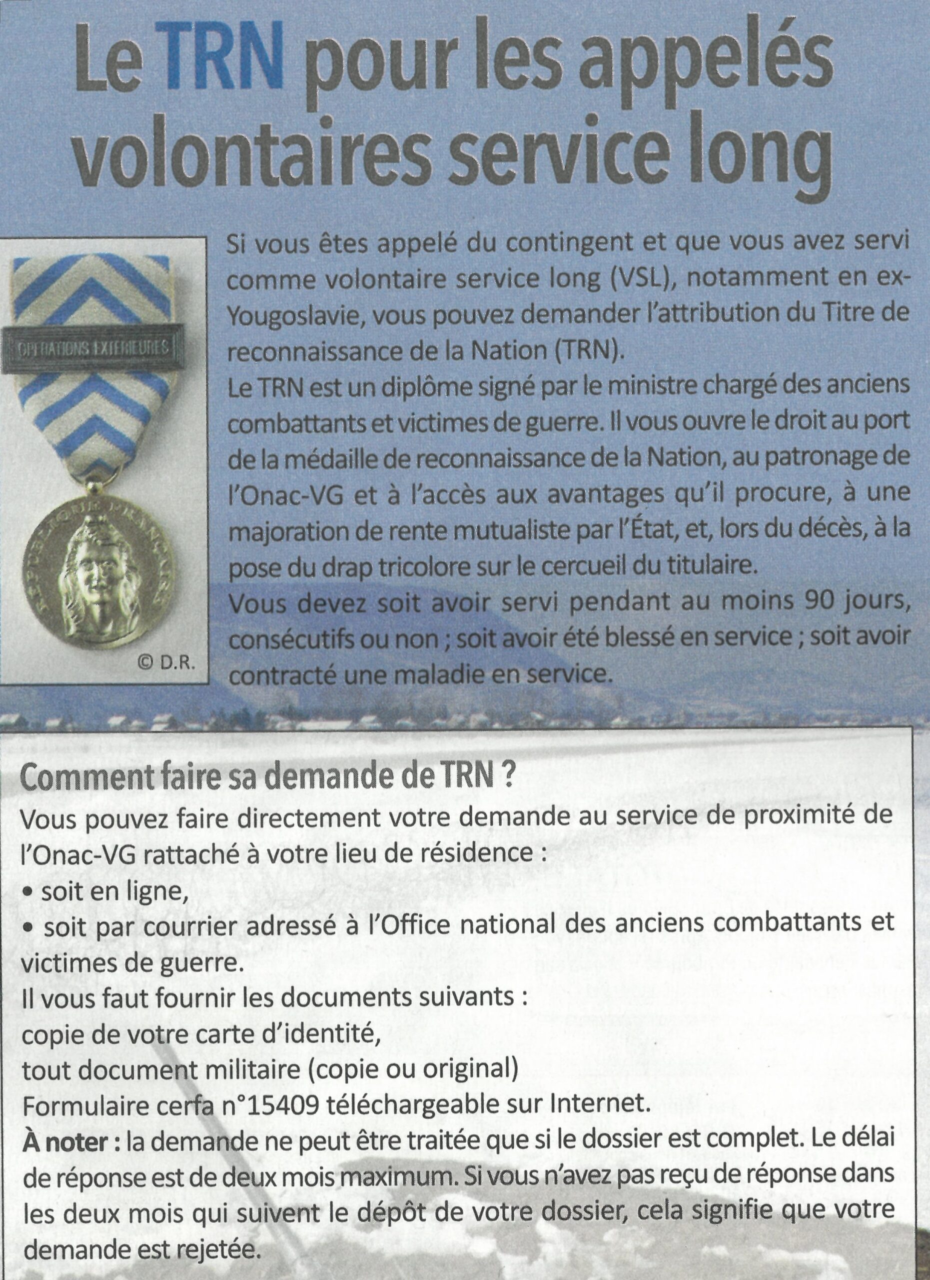 Titre de reconnaissance de la Nation pour les appelés volontaires service long