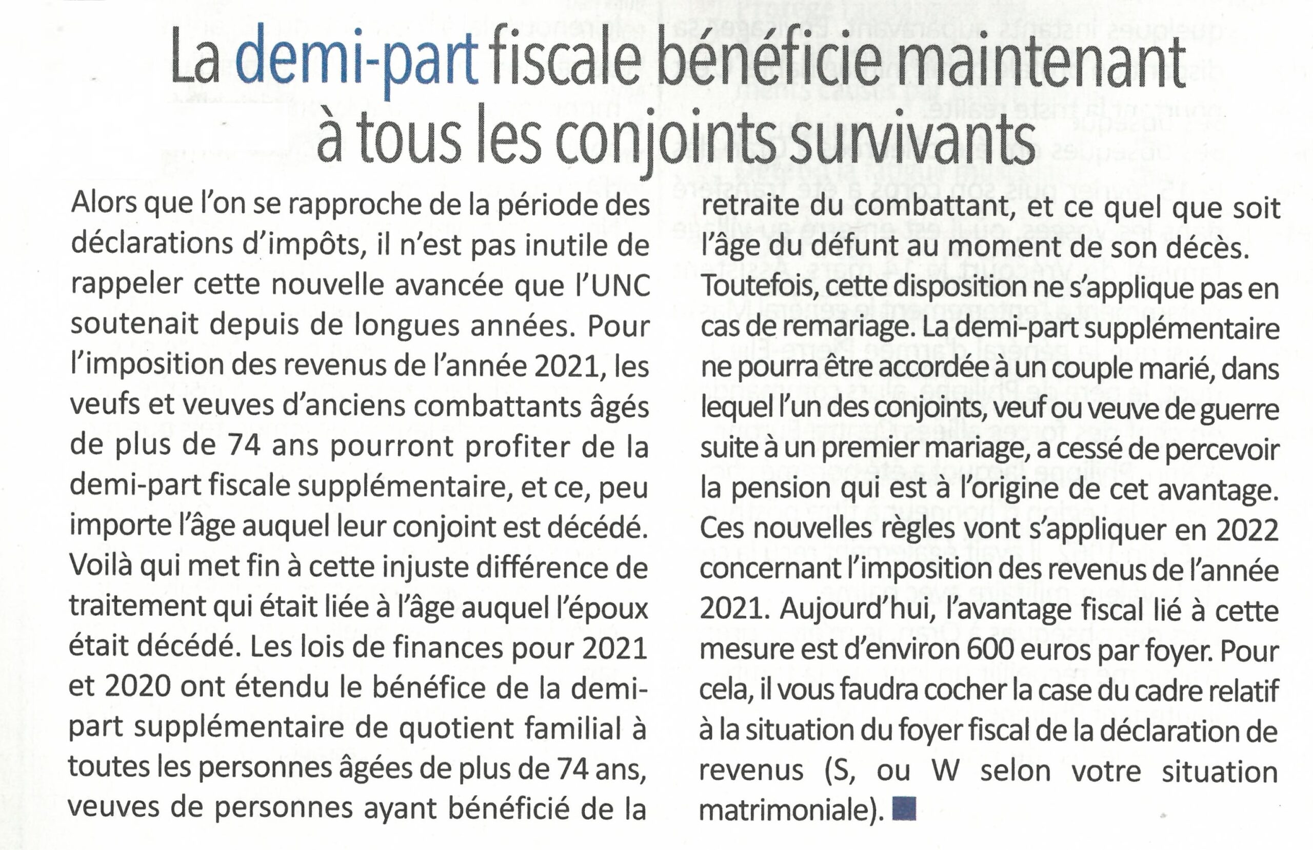 Veuf-veuve d'anciens combattants : la demi-part fiscale bénéficie maintenant à tous les conjoints survivants