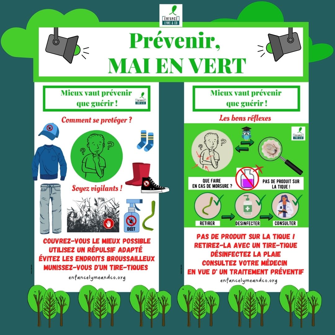 Couvrez-vous le mieux possible, utilisez un répulsif, évitez les endroits broussailleux, munissez-vous d'un tire-tique. Ne pas mettre de produit sur la tique, utilisez le tire-tique, désinfectez la plaie et consultez votre médecin.