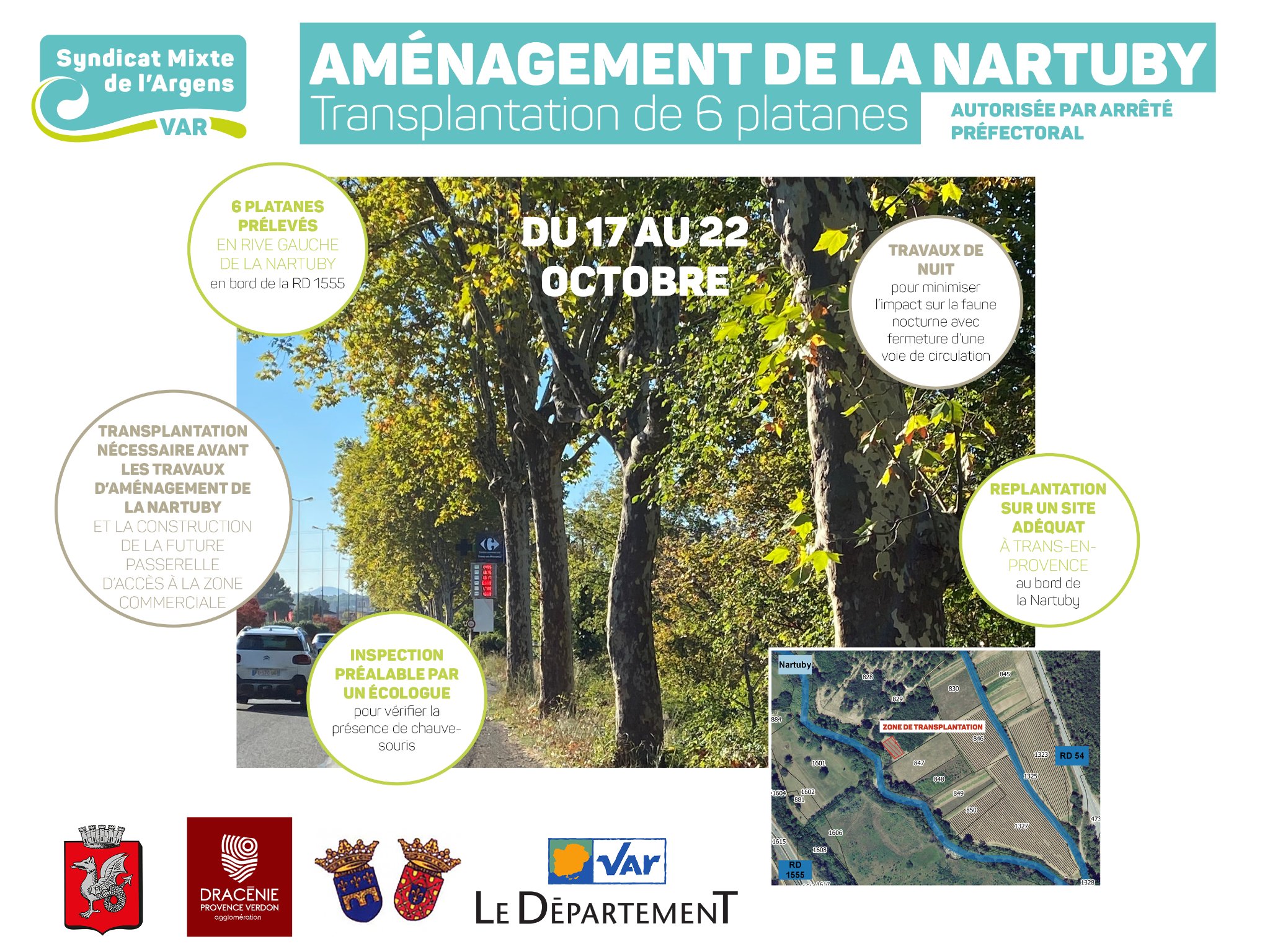 Aménagement de la Nartuby - Transplantation de 6 platanes à Trans-en-Provence par le SMA, du 17 au 22 octobre. Travaux de nuit.