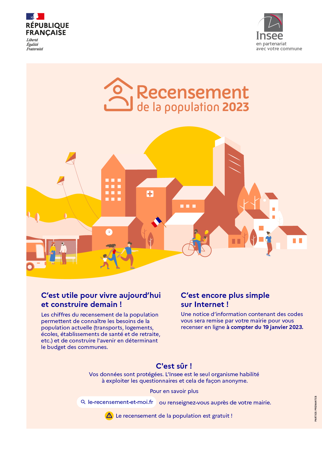 But du recensement : Pour connaître l'évolution de la population, ses besoins, et ainsi construire l'avenir en déterminant le budget de la commune. Il vous sera possible de vous faire recenser par Internet, à l'aide des codes transmis par les agents recenseurs lors de leur passage.