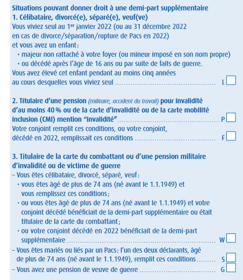 Extrait fiche de la déclaration de revenus, sur les situations pouvant donner droit à une demi-part supplémentaire