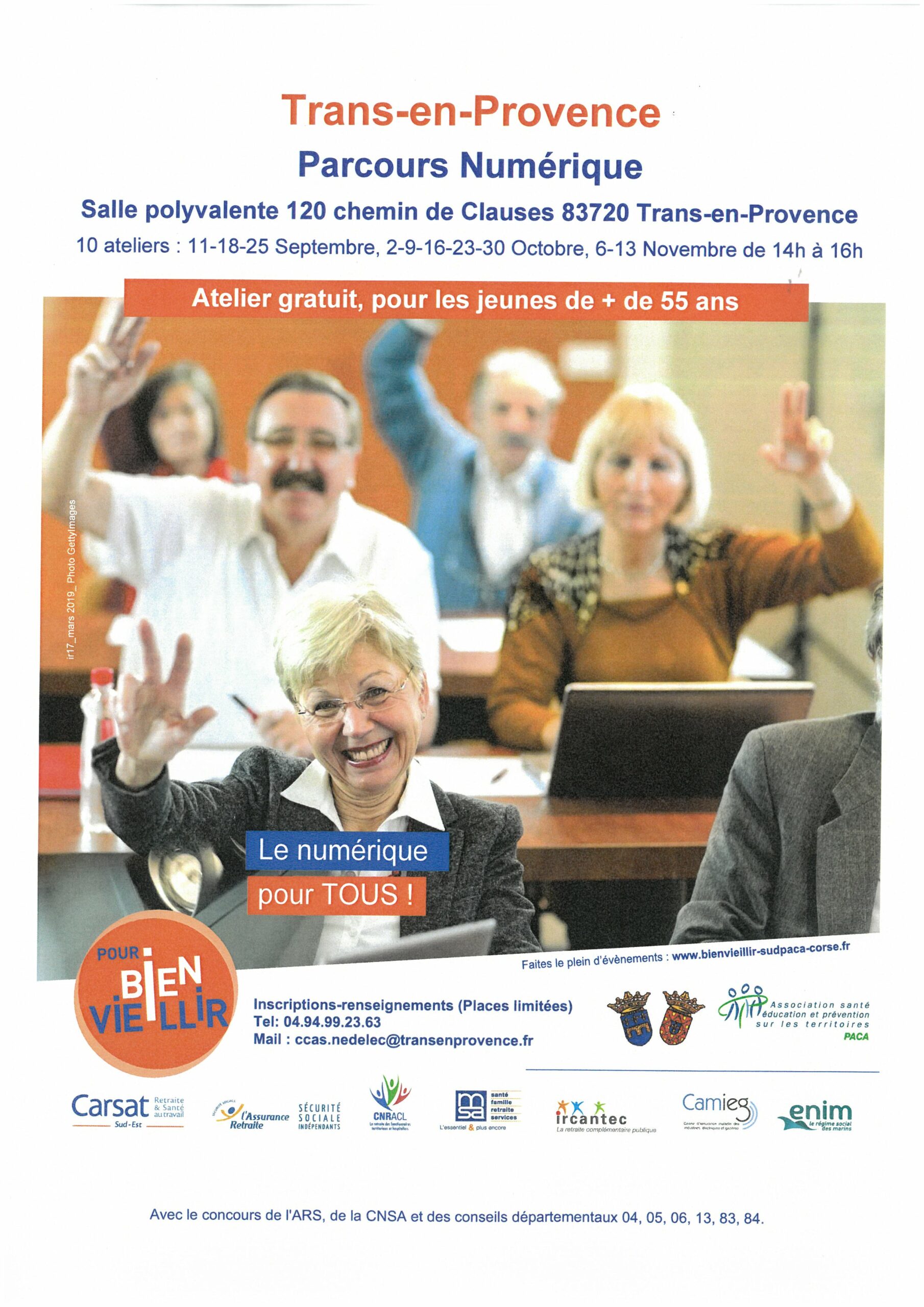 Ateliers d'informatique. Pour les + de 55 ans. 10 ateliers à partir de septembre, les lundis de 14h à 16h à la salle polyvalente. Places limitées, s'inscrire au 04 94 99 23 63 ou ccas.nedelec@transenprovence.fr