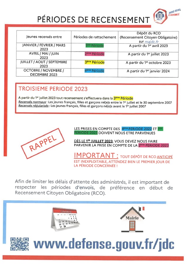 Périodes de Recensement de la Journée Défense et Citoyenneté (JDC).