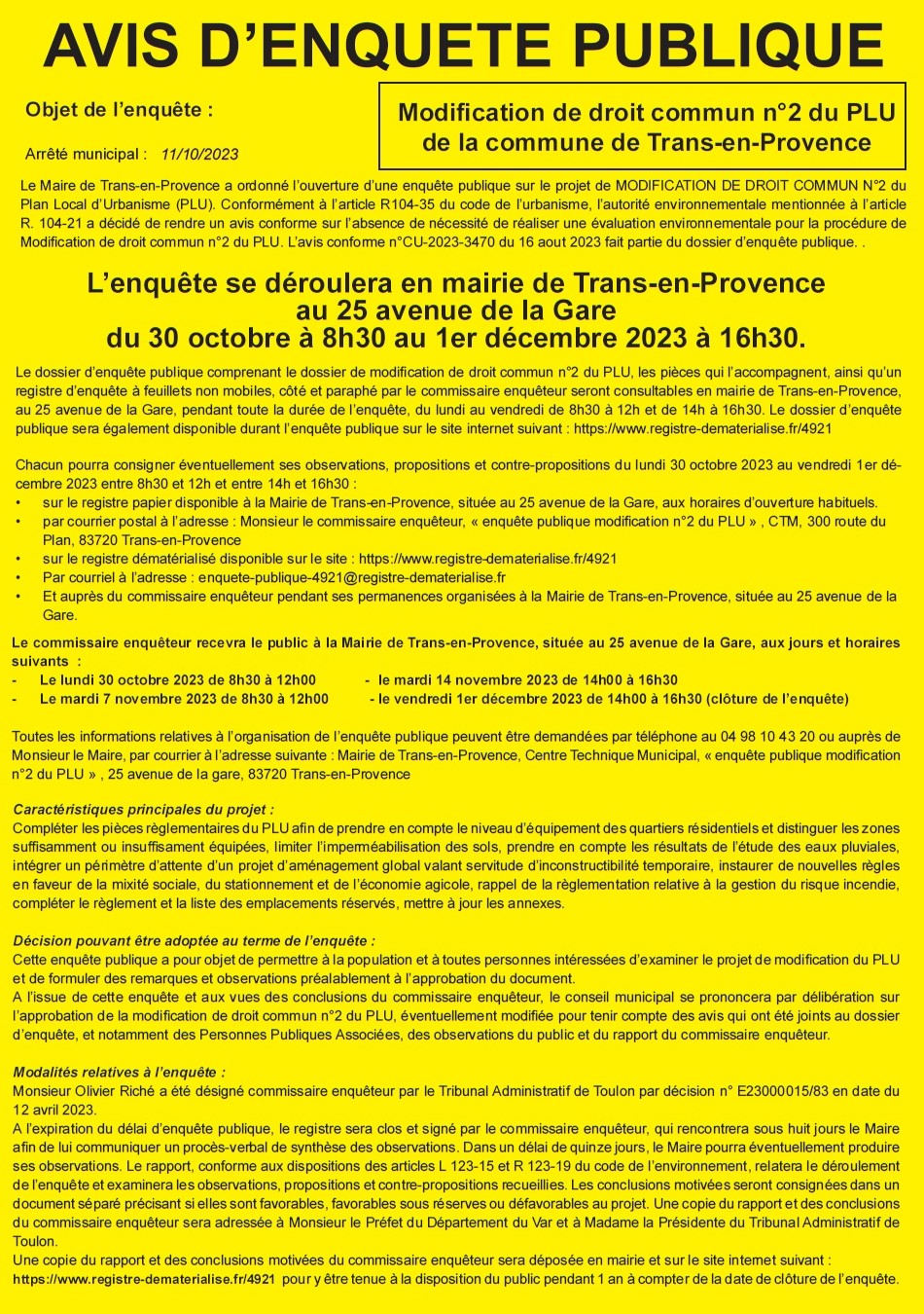 Avis d'enquête publique - Modification de droit commun n°2 du PLU, téléchargeable en cliquant sur le lien dans l'article.