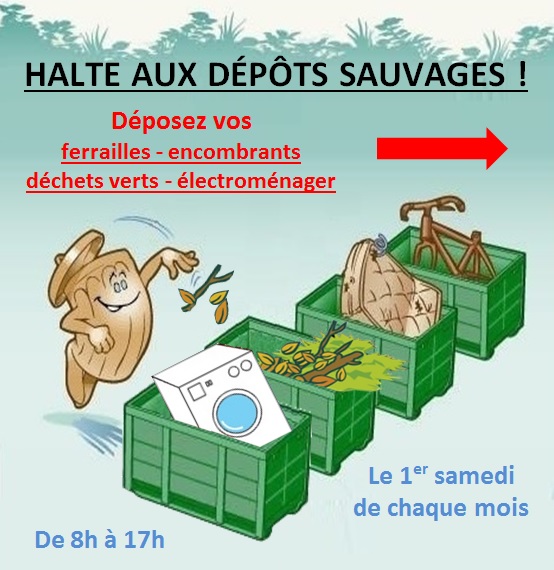 Déposez vos déchets : Cartons, ferrailles, encombrants, déchets verts, électroménager. Le samedi 4 mars de 8h à 17h, derrière la route du Plan. Entrée du chemin d'accès face à la sortie de la zone commerciale du Plan.