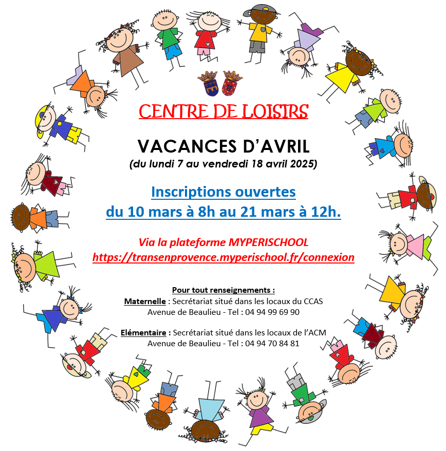Vacances d'avril 2025 : Inscriptions aux ACM du 10 mars à 8h au 21 mars à 12h, via la plateforme Myperischool : transenprovence.myperischool.fr/connexion