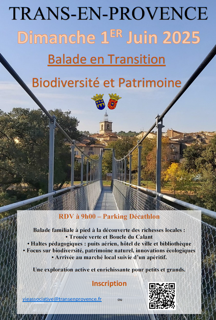 Balade en transition. Dimanche 1er juin, rdv à 9h sur le parking de Décathlon. Balade familiale à pied à la découverte des richesses locales : Trouée verte et boucle du Calant. Haltes pédagogiques : puits aérien, bibliothèque, hôtel de ville. Focus sur biodiversité, patrimoine naturel, innovations écologiques. Arrivée au marché local suivie d'un apéritif. Une exploration active et enrichissante pour petits et grands.