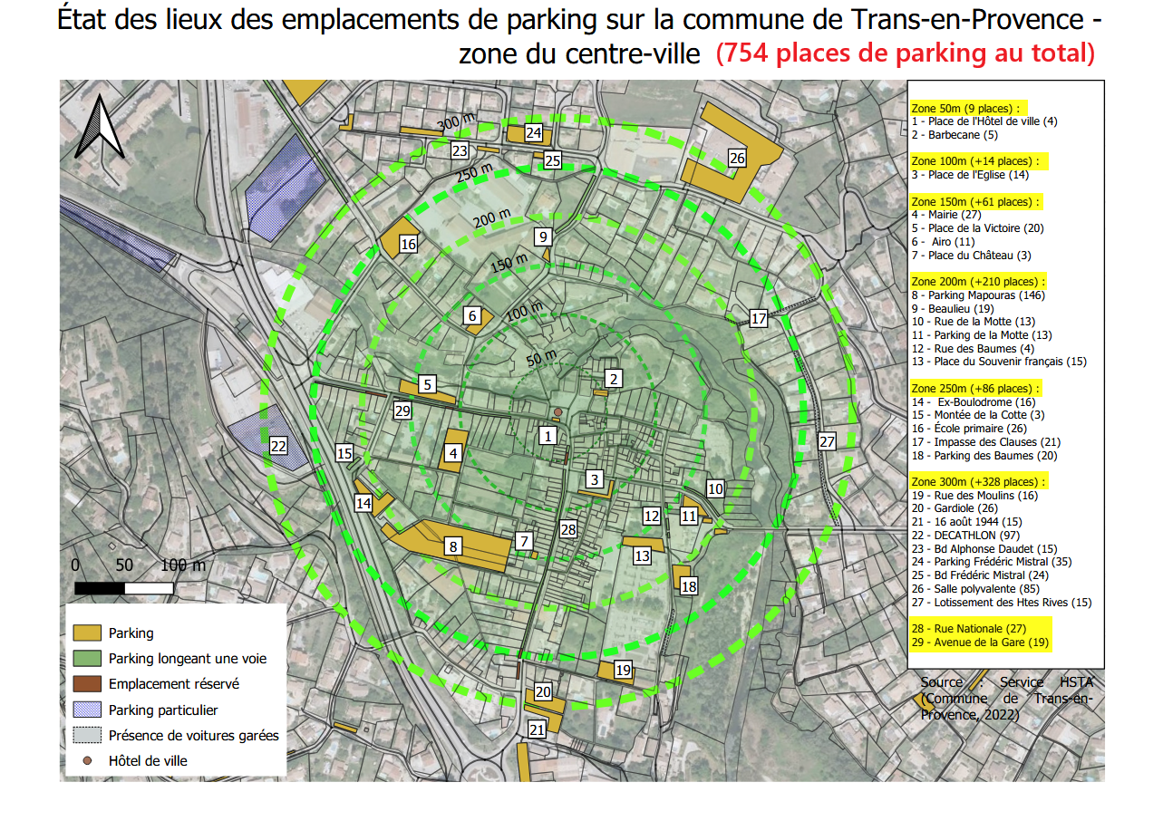 carte des emplacement de parking (754 places) dans la zone du centre-ville