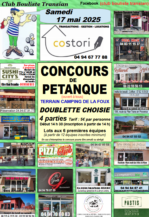 Concours pétanque de 17 mai 2025. Samedi 17 mai, au terrain du camping de la Foux. OUVERT A TOUS. Début à 14h30 (inscription à 14h). Tarif 5€.