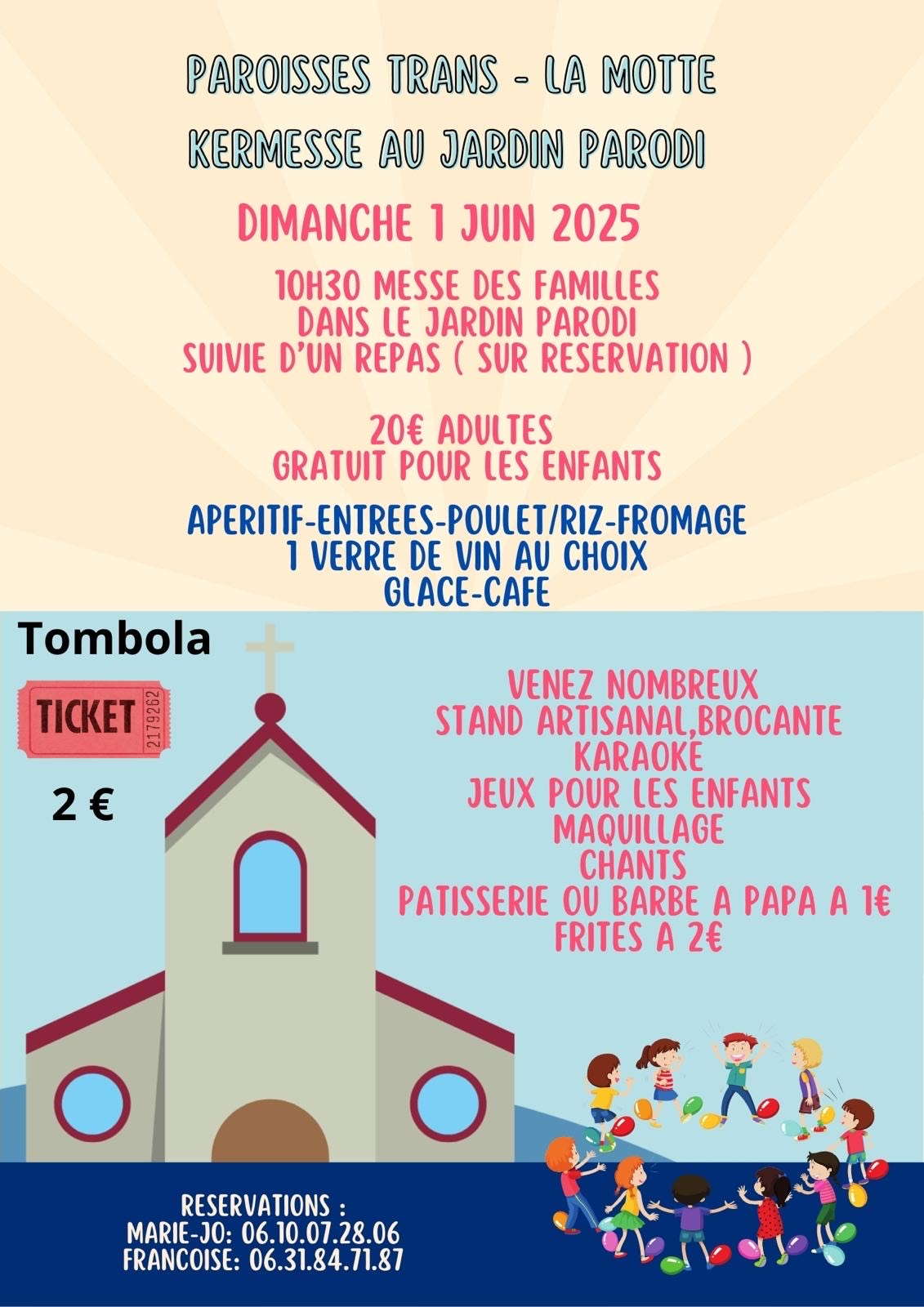 Kermesse au jardin Parodi, suivie d'un repas. Dimanche 1er juin. 20e par adulte, gratuit pour les enfants. Tombola 2€ le ticket. Réservations et renseignements : 06.10.07.28.06 ou 06.31.84.71.87.