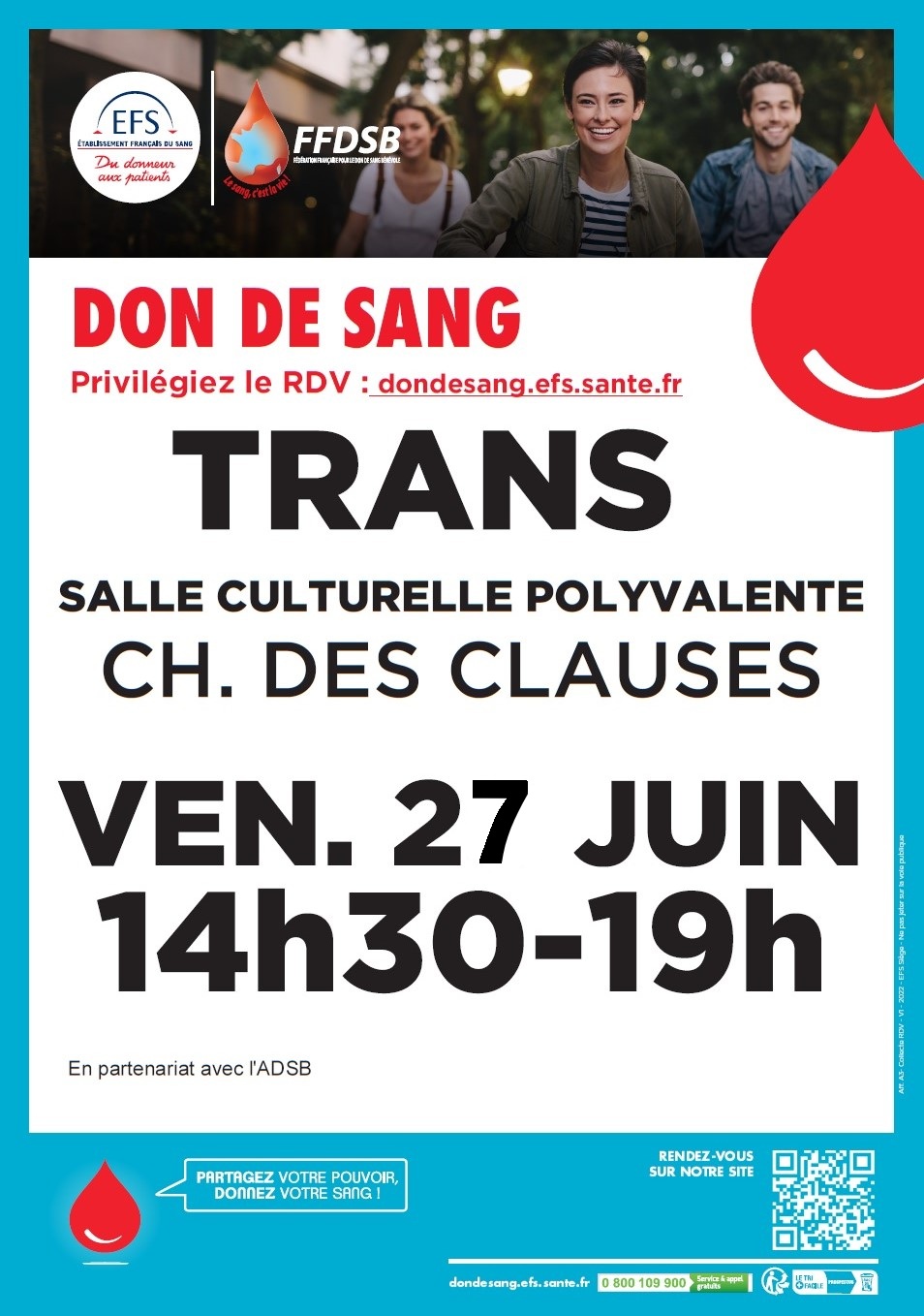 Collecte de sang. Vendredi 27 juin de 14h30 à 19h. Privilégiez le rendez-vous : dondesang.efs.sante.fr