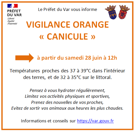 Vigilance orange canicule. à partir du 28 juin à 12h. Pensez à vous hydrater, limitez vos activités sportives, prenez des nouvelles de vos proches, évitez de sortir vos animaux aux heures les plus chaudes.