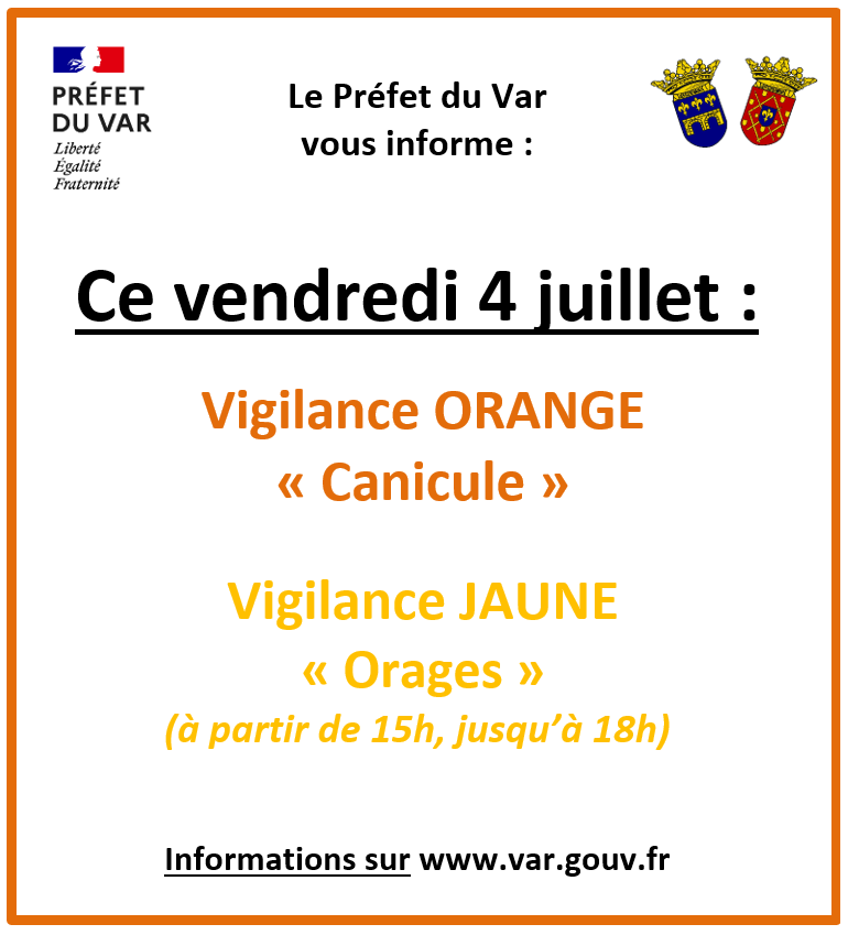 Ce vendredi 4 juillet. Vigilance Orange "Canicule", et Vigilance Jaune "Orages" à partir de 15h, jusqu'à 18h