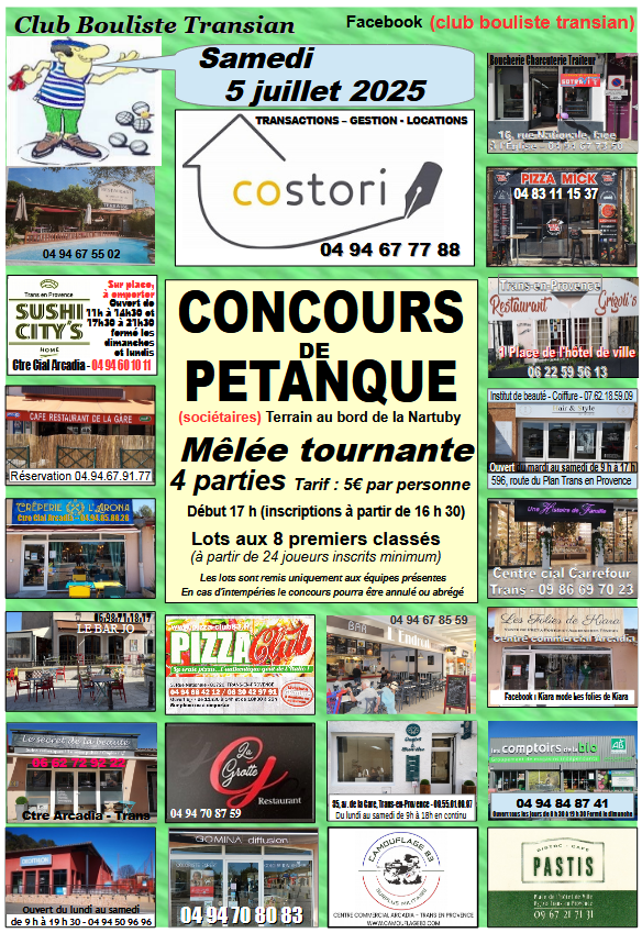 Concours de pétanque. Samedi 5 juillet, à 17h. Mêlée tournante. Tarif 5€ par personne. Réservé aux sociétaires.