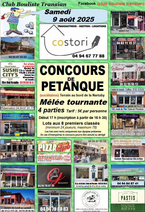 Concours de pétanque. Samedi 9 août, à 17h. "Mêlée tournante", 5€ par personne. Réservé aux sociétaires. Renseignements et adhésion au 06.19.18.41.66.