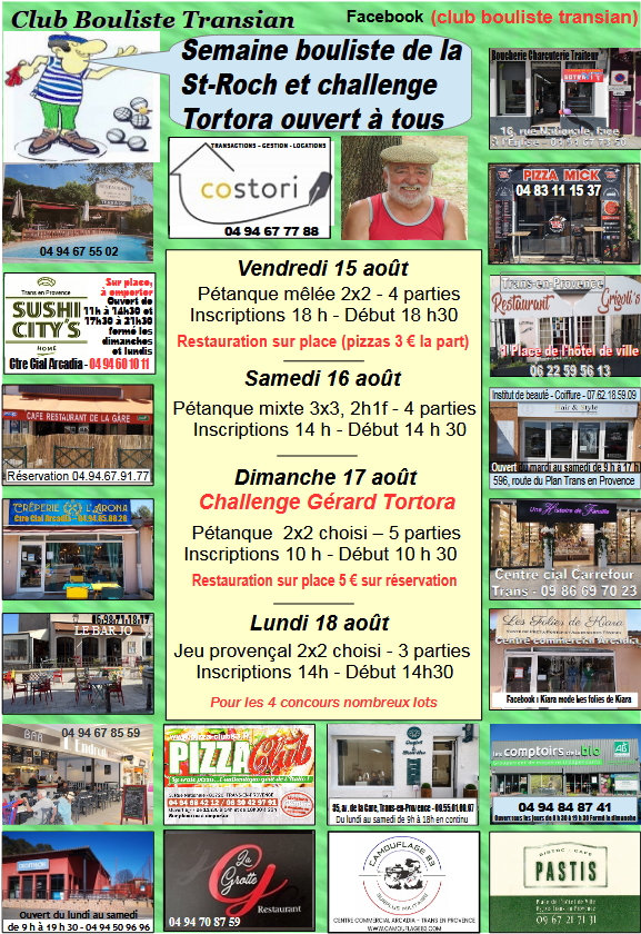 Semaine boulique et challenge Tortora ouvert à tous. Du 15 au 18 août. Renseignements et adhésion au 06.19.18.41.66.