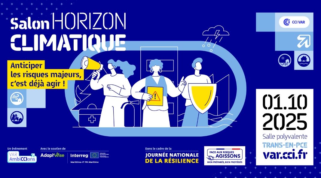 Salon horizon climatique. La CCIduVar vous invite à la 2ᵉ édition du Salon Horizon Climatique, un événement incontournable pour aborder les enjeux du changement climatique et des risques naturels. Date : 1er octobre 2025. Lieu : Salle polyvalente. Accueil café dès 8h30. Pourquoi participer ? Rencontrer des experts du climat et de la gestion des risques. Découvrir des solutions concrètes pour les entreprises et les collectivités. Échanger, s’inspirer et agir pour des territoires plus résilients. Contribuer à la transition écologique. Au programme : Conférences et tables rondes sur les défis climatiques dans le Var Retours d’expérience d’acteurs locaux. Solutions innovantes, aides et financements. Ateliers pédagogiques pour tous les publics. Cocktail networking pour élargir votre réseau. Un salon labellisé "Journée nationale de la Résilience 2025" et soutenu par l’Europe via le projet AdaptWise (Interreg Italia-Francia Marittimo). Inscription gratuite ici : https://lnkd.in/dPU8Ur6C