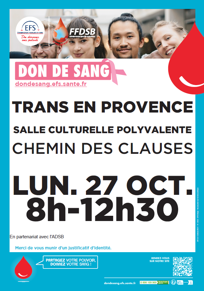 Collecte de sang. Lundi 27 octobre de 8h à 12h30, salle polyvalente. Prenez RDV dès maintenant : https://efs.link/B2ULP