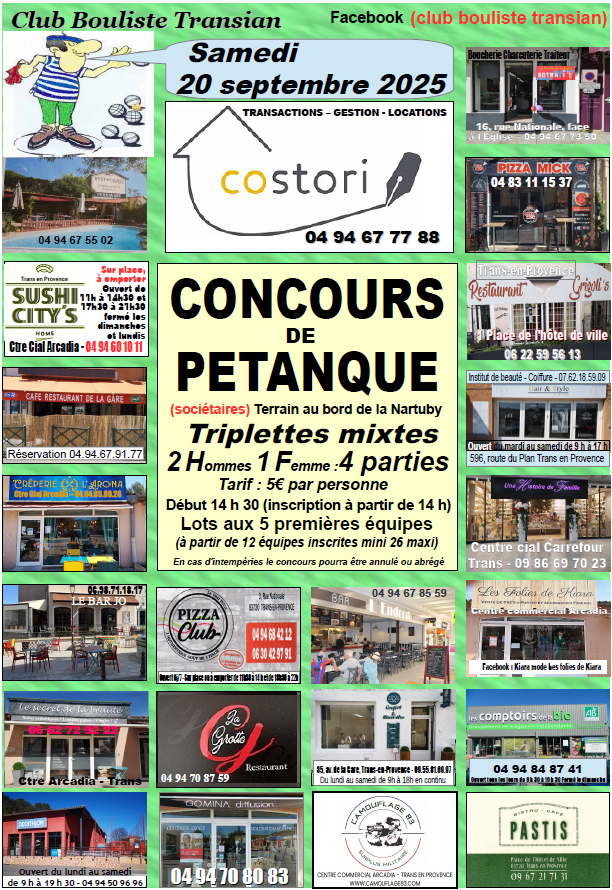 Concours de pétanque. Samedi 20 septembre, à 14h30. Triplettes mixtes, 2 hommes 1 femme. 5€ par personne.