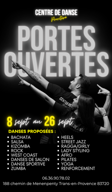 Portes ouvertes du Centre de Danse Provitera. Du 8 au 26 septembre. renseignements : 06.36.90.78.02. 188 chemin de Menenpenty à Trans-en-Provence.