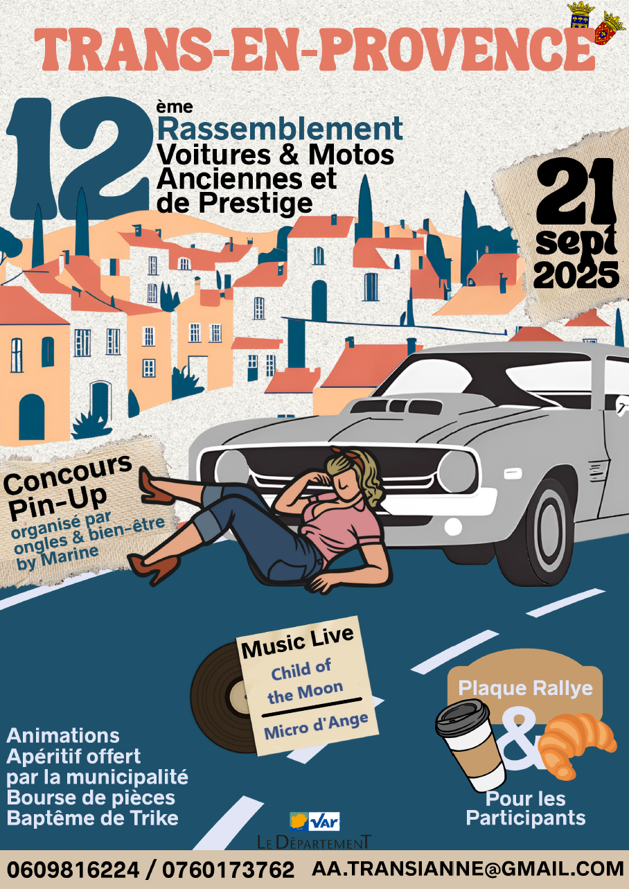 12e rassemblement de voitures et motos anciennes et de prestige. Dimanche 21 septembre, toute la journée. Concours de pin-up, baptême de trikes...