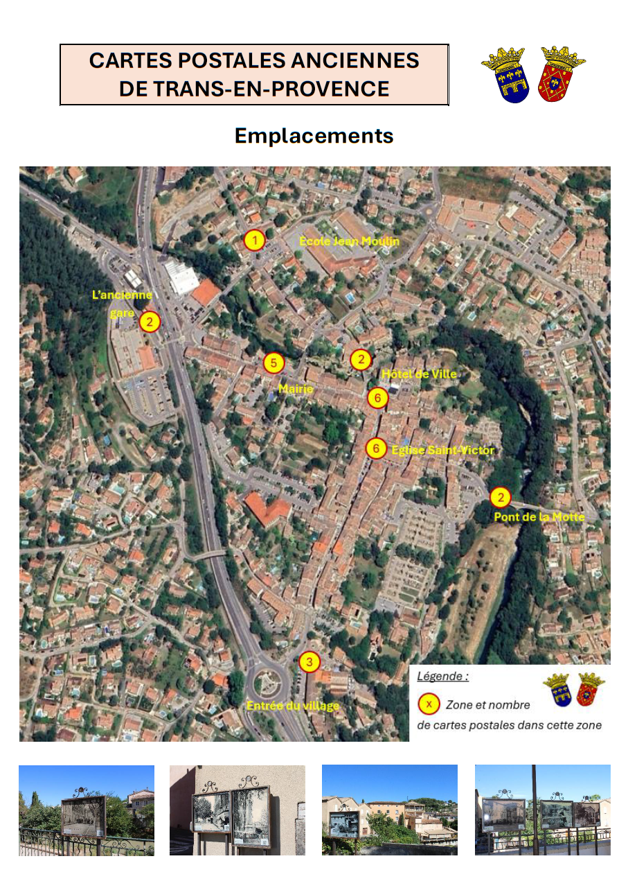 Zones contenant des cartes postales anciennes du village. 3 à l'entrée du village, 2 au pont de la Motte, 6 à proximité de l'Eglise Saint-Victor, 6 à proximité de l'Hôtel de Ville, 2 place des Moulins, 5 à proximité de la Mairie/chapelle/boulodrome, 2 à l'ancienne gare.