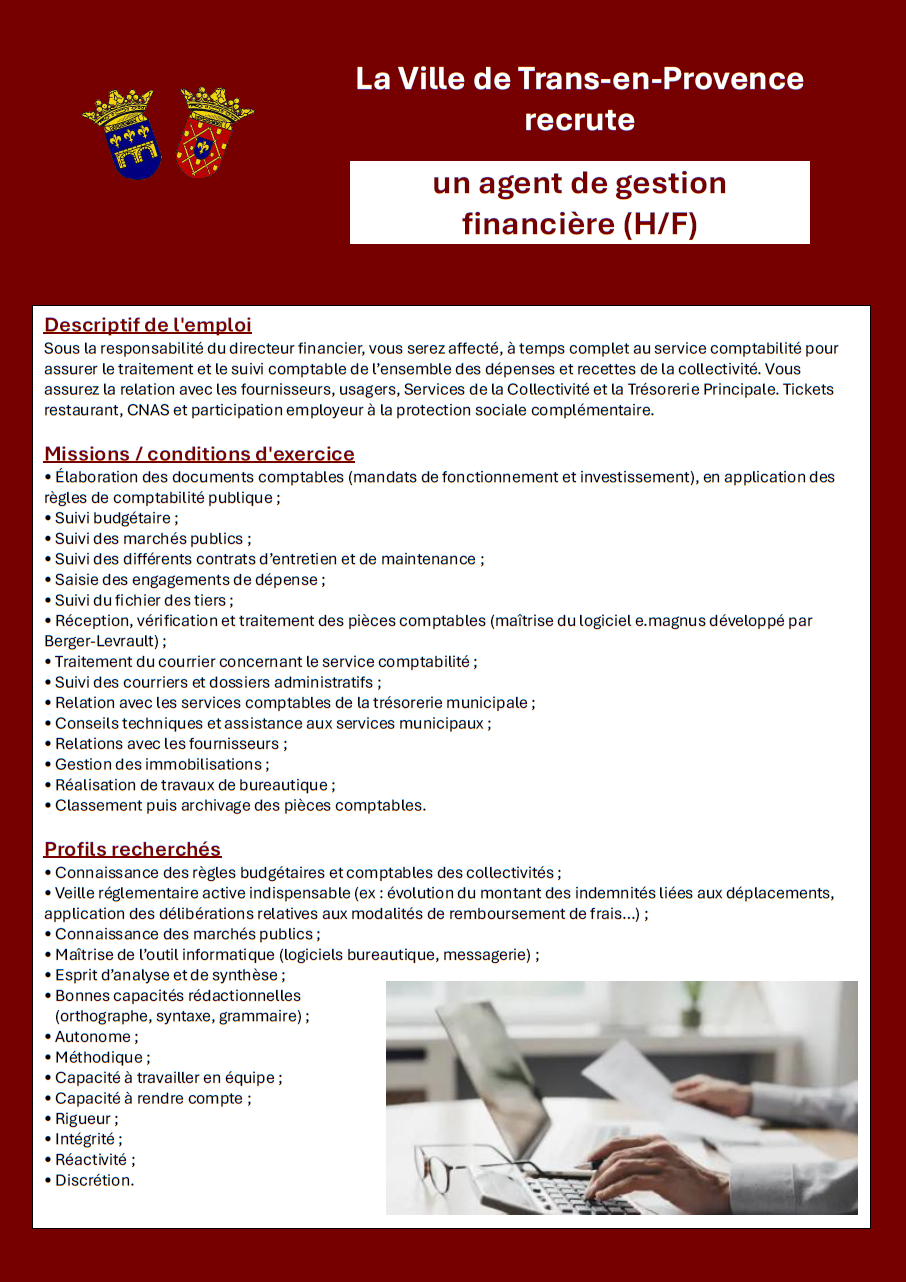 La Ville recrute un agent de gestion financière à temps complet.