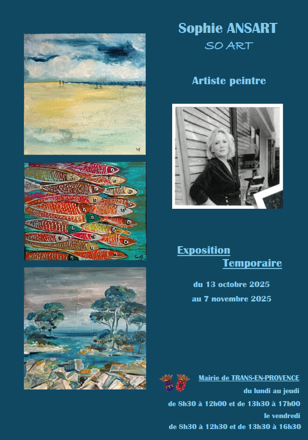 Exposition de peintures de Mme Ansart. Du 13 octobre au 7 novembre, à l'accueil de la Mairie. Entrée libre.