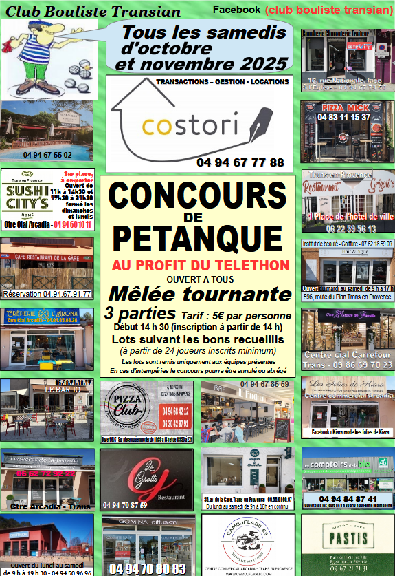 Concours de pétanque au profit du Téléthon. Tous les samedis d'octobre et de novembre. Ouvert à tous. 5€ par personne, à 14h30 : mêlée tournante.