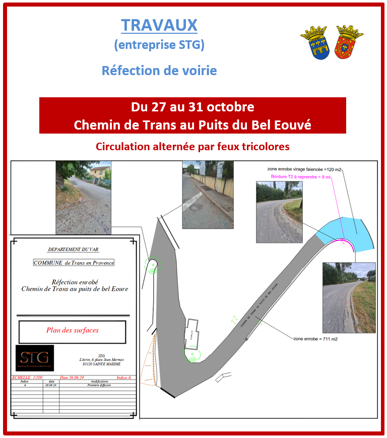 Travaux chemin du Trans au puits du Bel Eouvé. Réfection de voirie, du 27 au 31 octobre. Circulation alternée par feux tricolores.