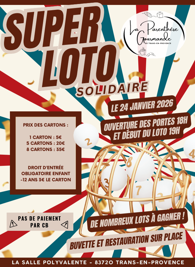 Loto de la Parenthèse gourmande. Samedi 24 janvier à 19h (ouverture des portes à 18h). 5€ le carton, 20€ les 5, 35€ les 8. 3€ pour les mois de 12 ans. Buvette et restauration sur place.