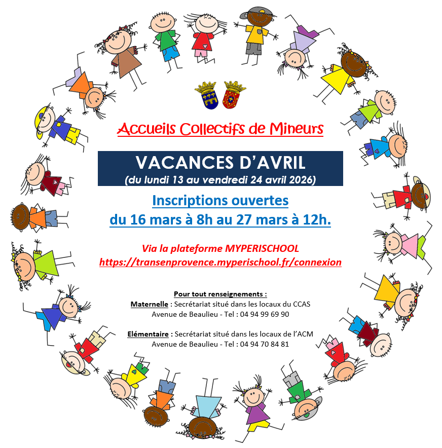 Accueils Collectifs de Mineurs. Inscriptions ouvertes du 16 mars à 8h au 27 mars à 12h pour les vacances d'avril, via la plateforme myperischool : transenprovence.myperischool.fr/connexion