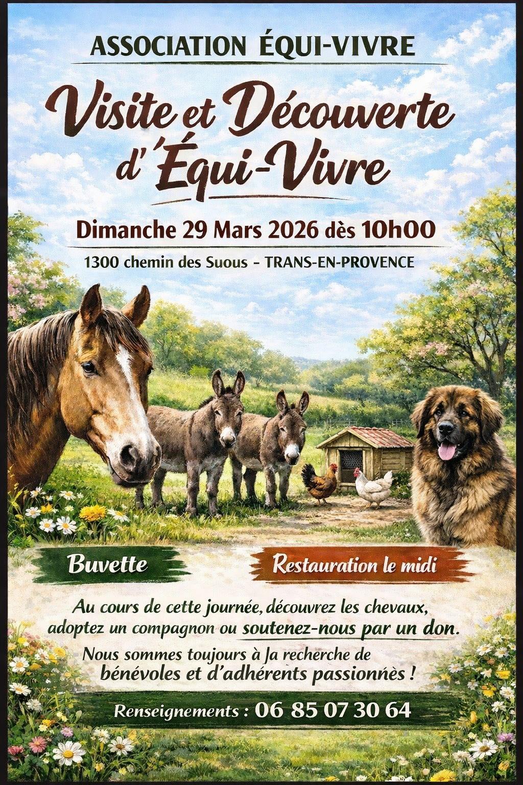 Portes ouvertes Equi-Vivre. Dimanche 29 mars à partir de 10h, 1300 chemin des Suous. Buvette, restauration le midi. Renseignements 06.85.07.30.64.