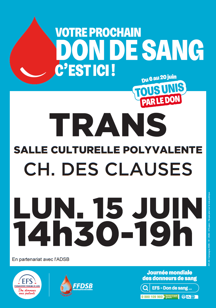 Collecte de sang. Lundi 15 juin, de 14h30 à 19h, salle polyvalente. Réservez votre créneau sur : https://efs.link/xoTeY
